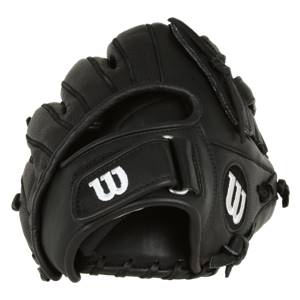 Side view of a black Wilson fastpitch glove with white Wilson logos and adjustable strap.