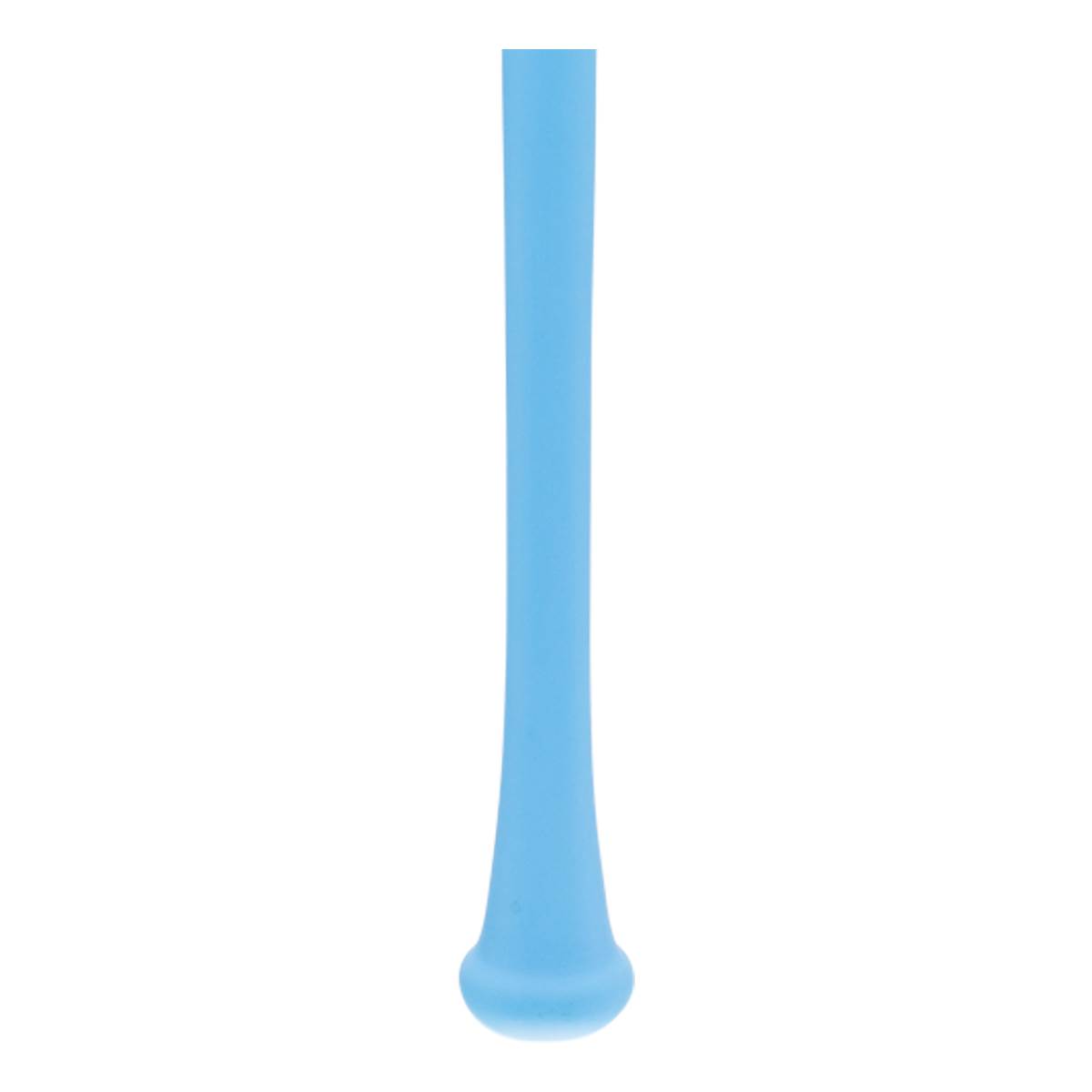 Bottom view of a light blue baseball bat with a flared knob and smooth, tapering handle.