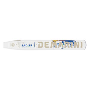 Side view of a cream softball bat with SADLER and tan DEMARINI text and a blue crab graphic.