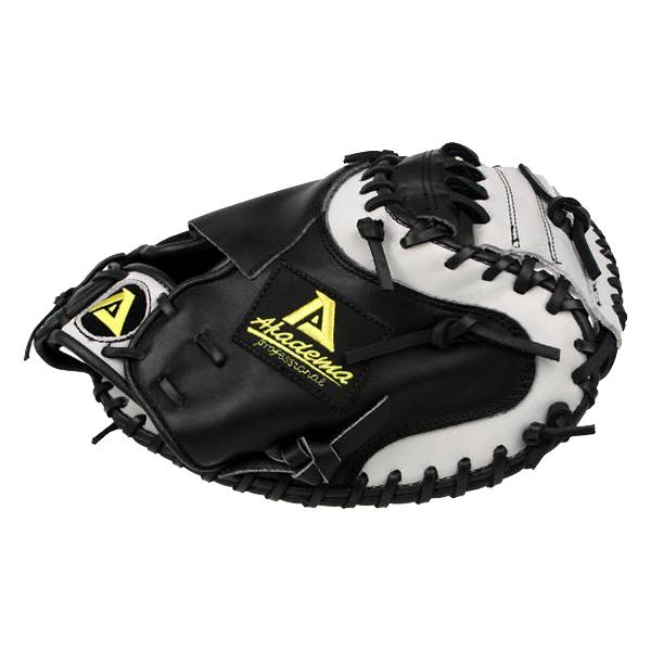 Top-down view of a black and white catchers mitt with Akadema Professional branding and yellow logo.