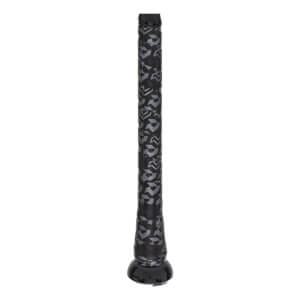 Close-up of the black baseball bat grip with a repeating gray logo pattern and a glossy black end cap.