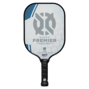 Front view of a white pickleball paddle with blue accents, EVOKE PREMIER text, and USAPA APPROVED stamp.
