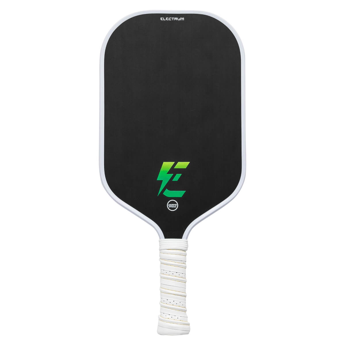 Front view of a black pickleball paddle with a green E logo and white grip.