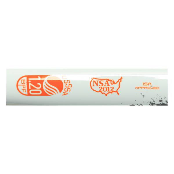 Side view of a white softball bat with BPF 1.20, USSSA, NSA 2012, and ISA APPROVED logos.