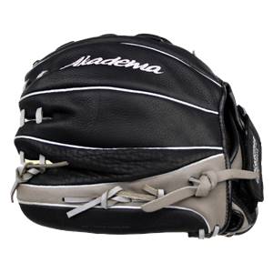 Side view of a black and gray baseball glove with white stitching and Akadema logo.