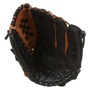 Inside view of a black baseball glove with tan lining and Game Ready text.