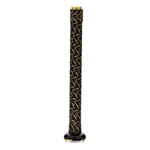 Close-up of a black baseball bat grip with a gold abstract pattern and a gold end cap.