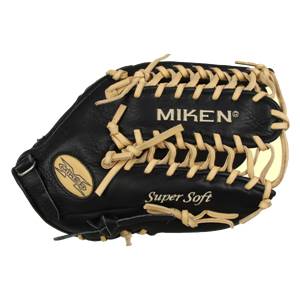 Top-down view of a black baseball glove with tan lacing, MIKEN logo, and Super Soft text.