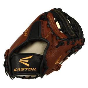 Side view of a brown Easton first base mitt with black lacing and gold Easton logo.