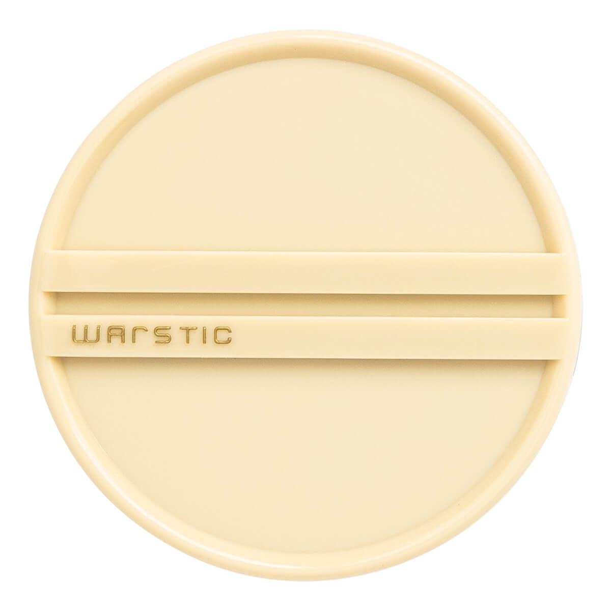 Top-down view of a cream-colored baseball bat end cap with two horizontal ridges and WARSTIC text.