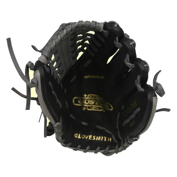 Inside view of a black baseball glove with gray lacing, a gold Glovesmith logo, and Sure-Trap Pocket text.