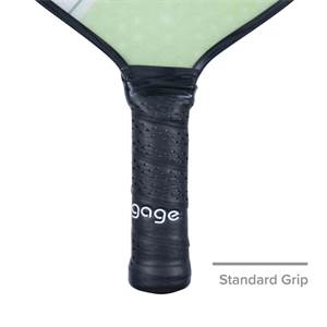 Close-up of a black pickleball paddle grip with gage branding and perforated texture.