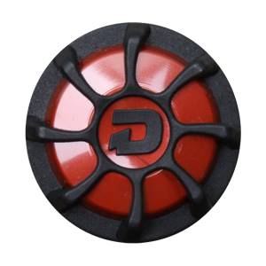 Top-down view of a black and red DeMarini bat end cap with a black D logo.