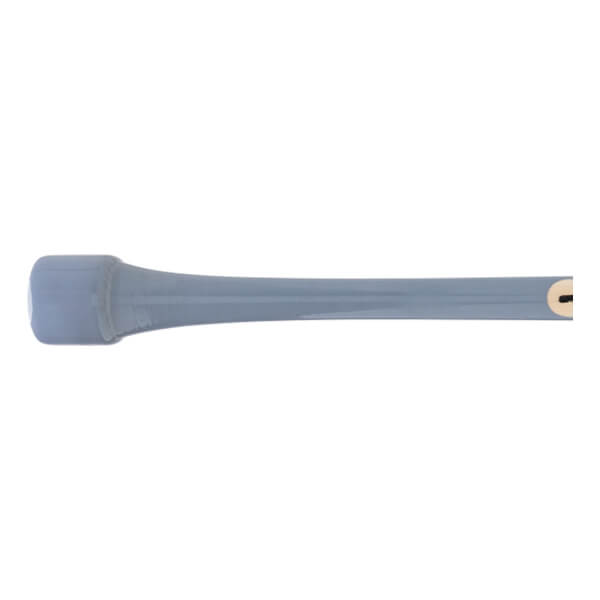 Side view of a gray baseball bat with a flared knob and a gold end detail.