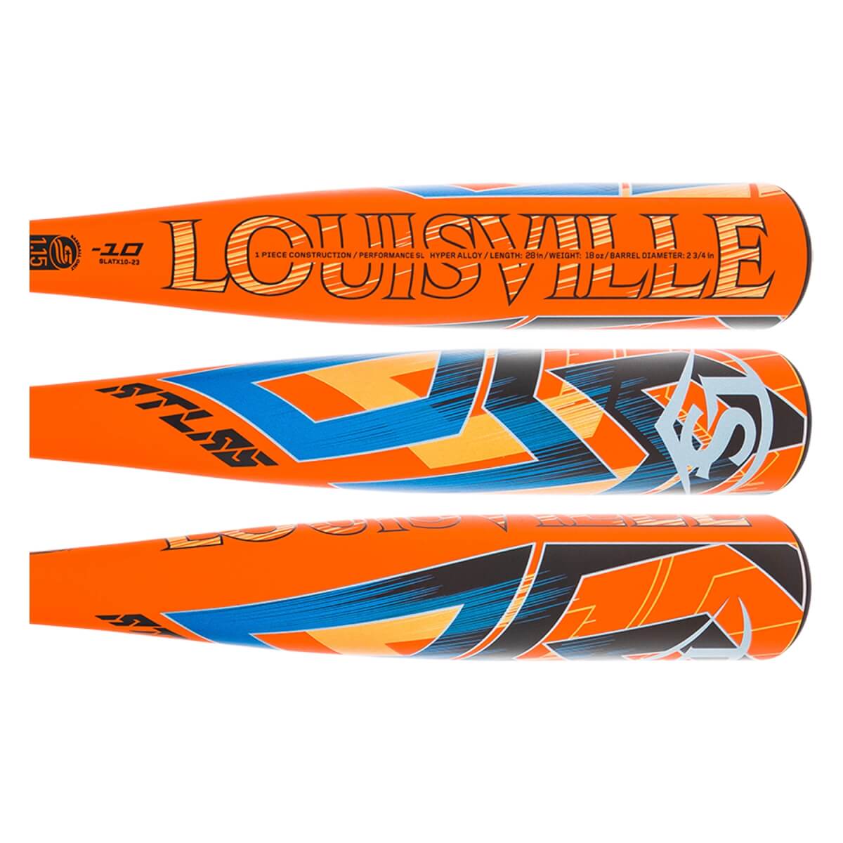 Three views of an orange Louisville Slugger baseball bat with blue and yellow geometric designs.