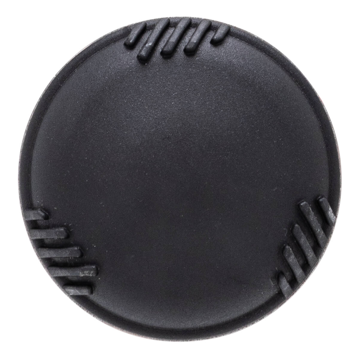 Top-down view of a black baseball bat end cap with a textured surface and raised diagonal stitching-like lines.