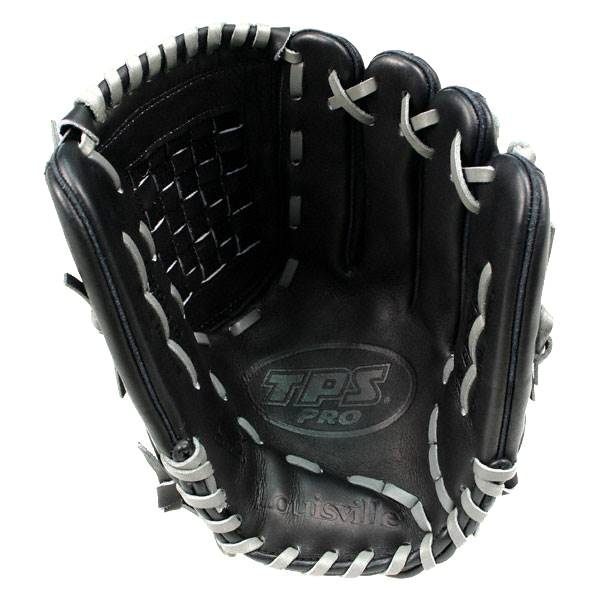 Top-down view of a black Louisville Slugger fastpitch glove with white stitching and TPS PRO branding.