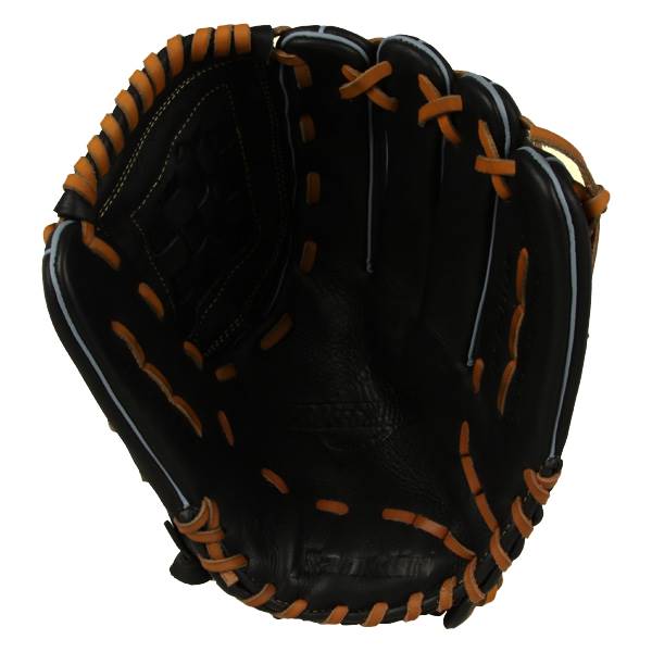 Inside view of a black baseball glove with orange lacing and a textured palm.