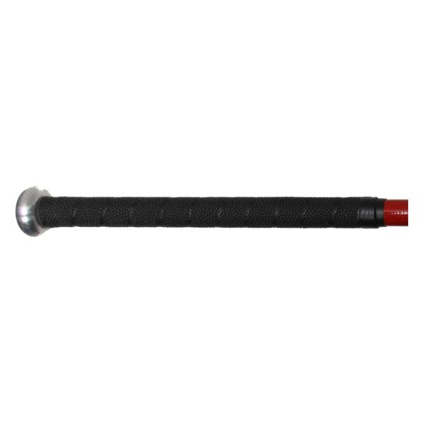 Side view of a red baseball bat with a black textured grip and silver end cap.