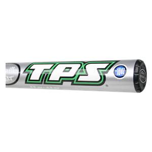 Side view of a silver Louisville Slugger bat with green TPS logo and 100z emblem.