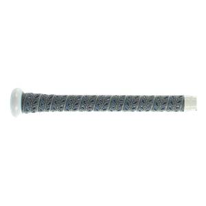 Side view of a white baseball bat with a gray and blue patterned grip.