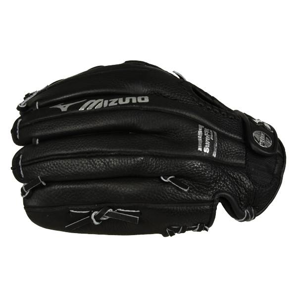Side view of a black baseball glove with white Mizuno branding and SureFit text.