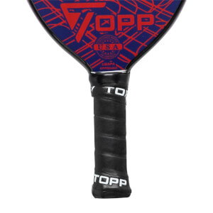 Top-down view of a blue and red pickleball paddle with TOPP logo and USA seal.