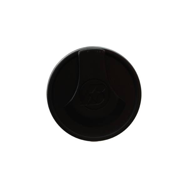 Top-down view of a black baseball bat end cap with a raised B logo.