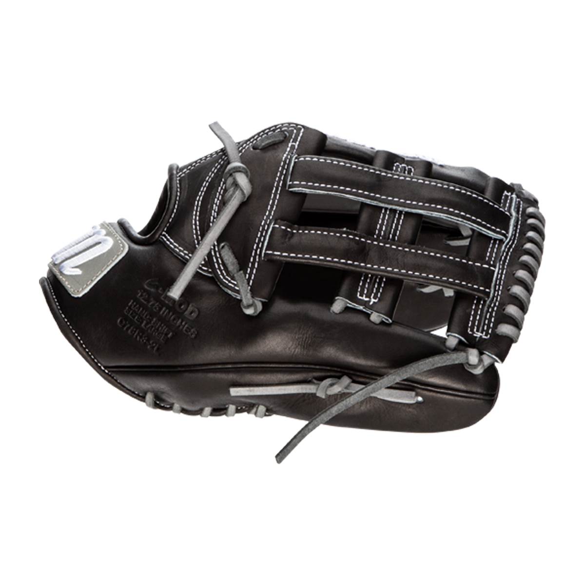 Side view of a black baseball glove with white stitching and C-MOD text.