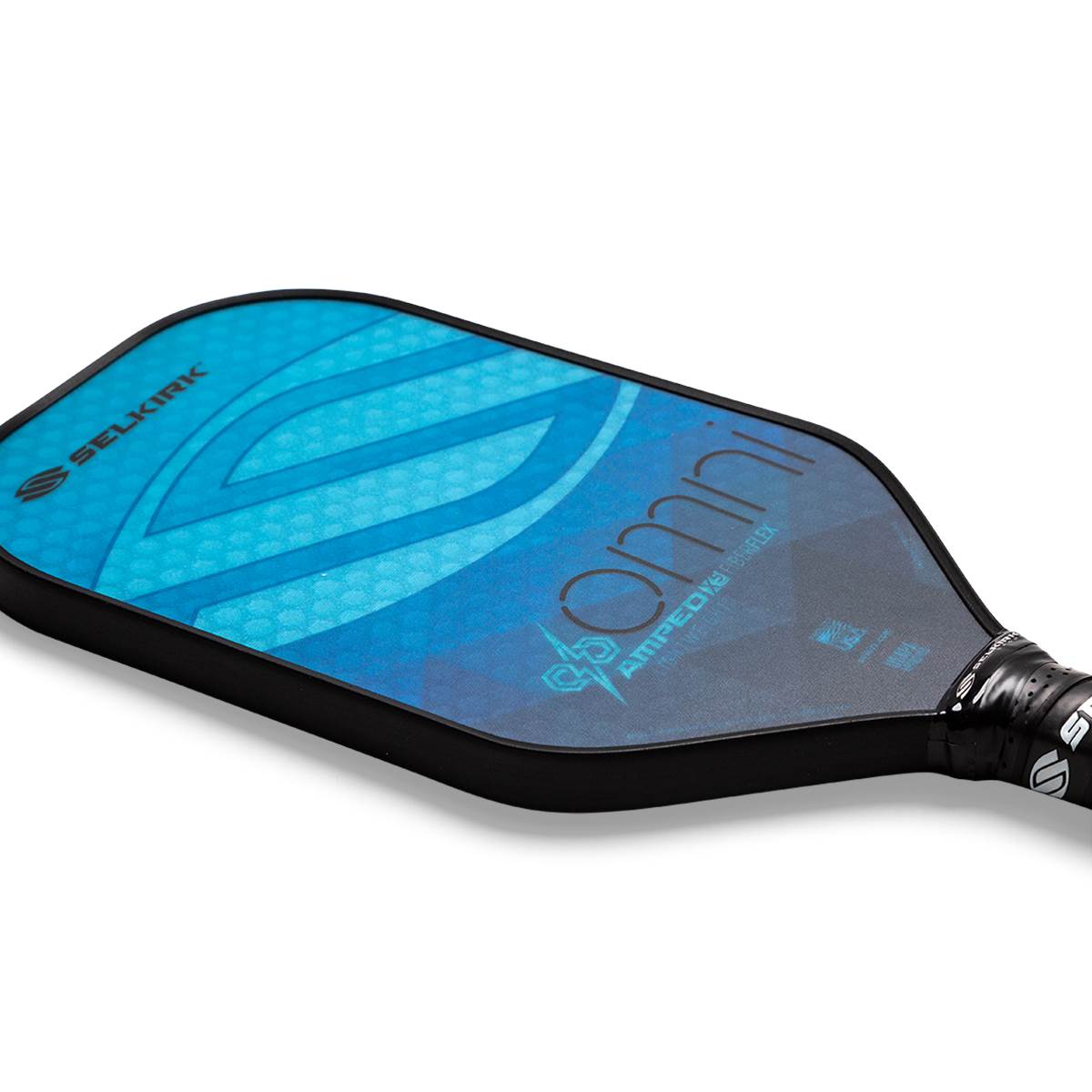 Top-down view of a blue Selkirk Omni pickleball paddle with a textured surface and black grip.