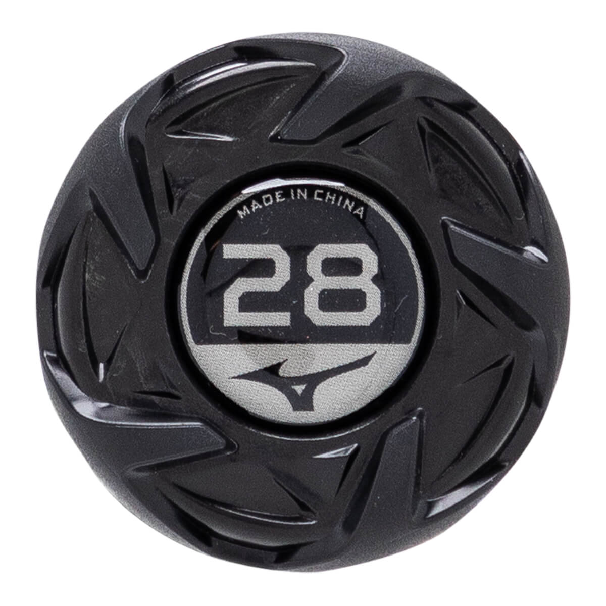 Close-up of a black bat end cap with a silver circular insert showing 28 and Mizuno logo, surrounded by a textured design.