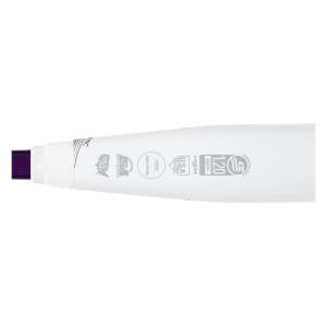 Close-up of the end of a white fastpitch softball bat with purple tip, USA Softball and BPF 1.20 logos.