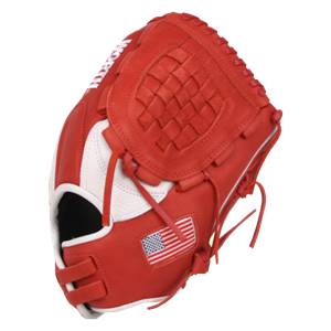 Side view of a red baseball glove with white accents and an American flag patch.