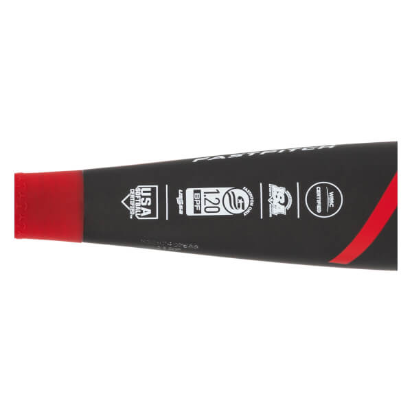 Side view of a black fastpitch softball bat with red end cap, USA Softball Certified logo, and 1.20 BPF stamp.