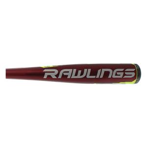 Side view of a maroon baseball bat with RAWLINGS in white and yellow lettering.