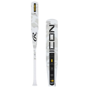 Side view and close-up of a white camouflage baseball bat with a black Rawlings logo and large black ICON text on the barrel.