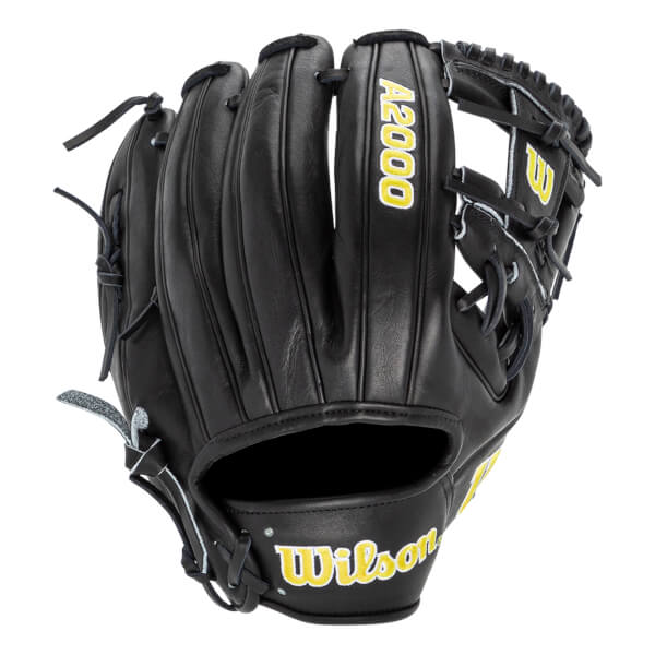 Back view of a black Wilson A2000 1975 baseball glove with the brand name in yellow and white on the wrist strap and A2000 text on the index finger.