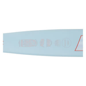 Close-up of a light blue softball bat barrel with faint red 1.20 BPF, ASA symbols, and a red warning triangle.