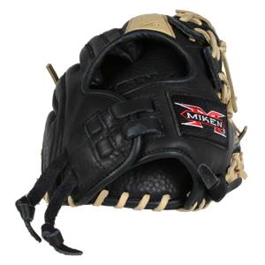 Front view of a black fastpitch glove with tan lacing and a Miken logo patch.