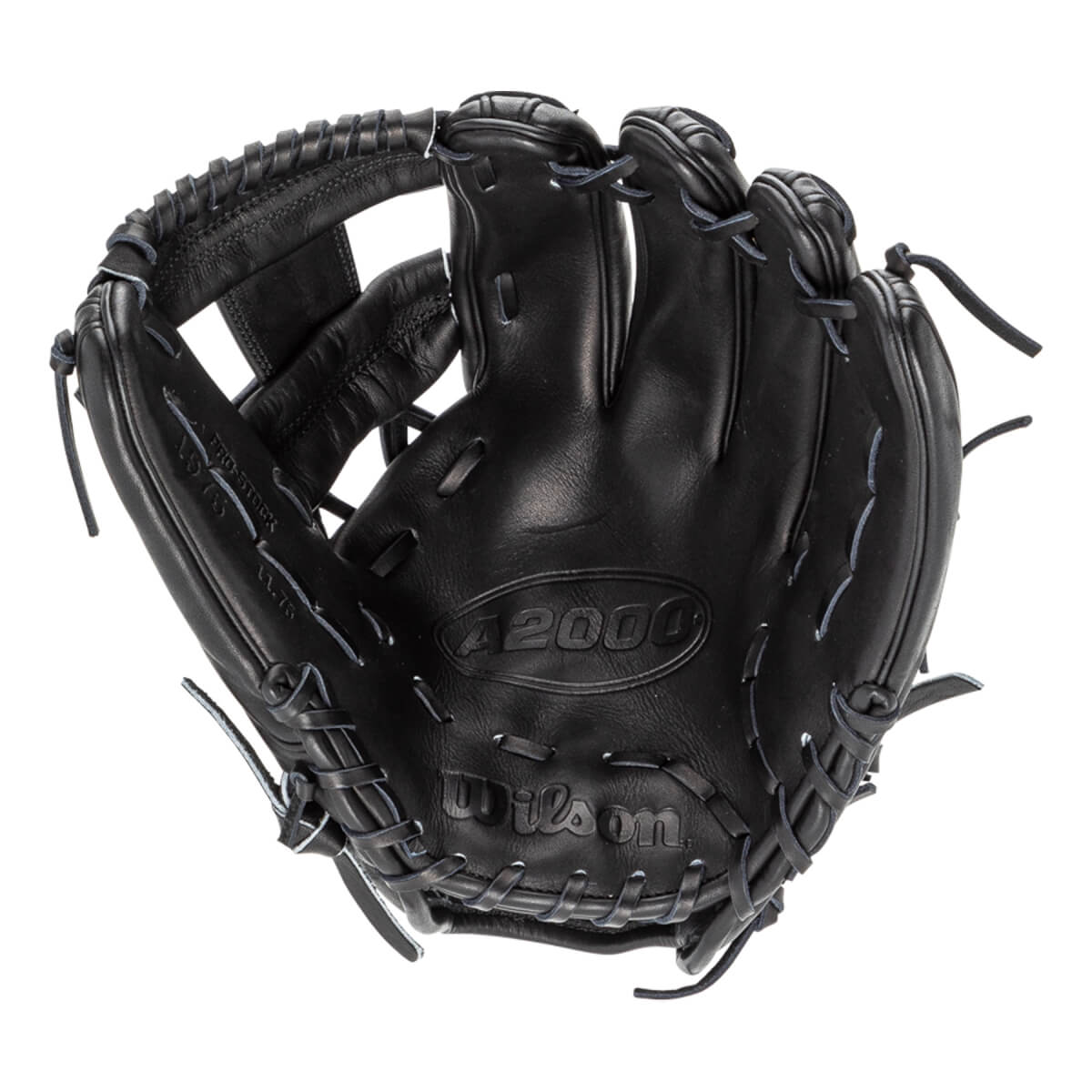 Front view of the interior palm of a black leather baseball glove embossed with "A2000" and "Wilson" and stamped with "PRO-STOCK", "1975", and "11.75" on the thumb.