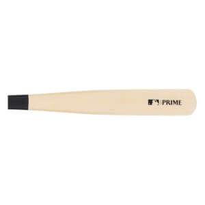Side view of a natural wood baseball bat with a black handle end and black MLB and PRIME logos.