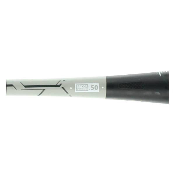 Side view of a grey baseball bat with BBCOR CERTIFIED .50 and black grip texture.