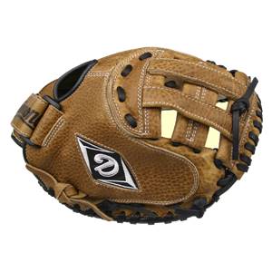 Side view of a brown catchers mitt with white stitching and a black diamond logo.
