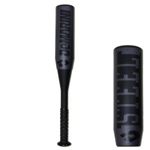 Side view of a black DeMarini bat with STEEL text and a textured grip.