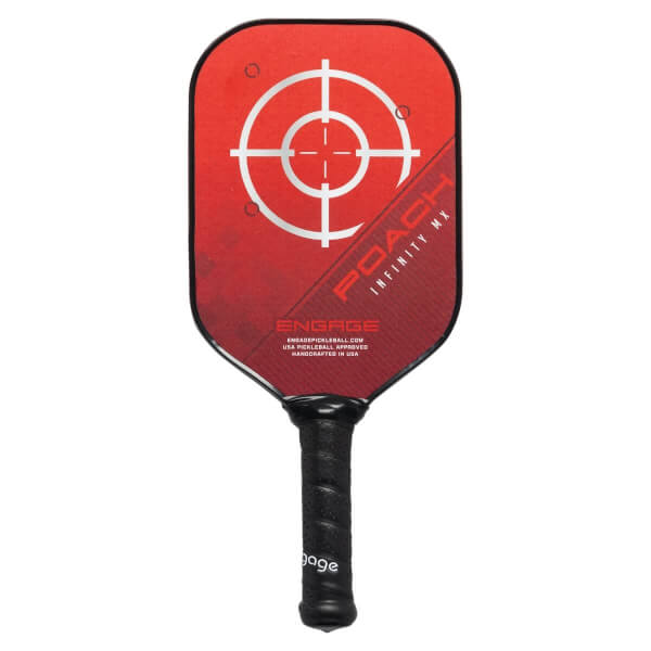 Front view of a red pickleball paddle with a target design, POACH INFINITY MX text, and a black grip.
