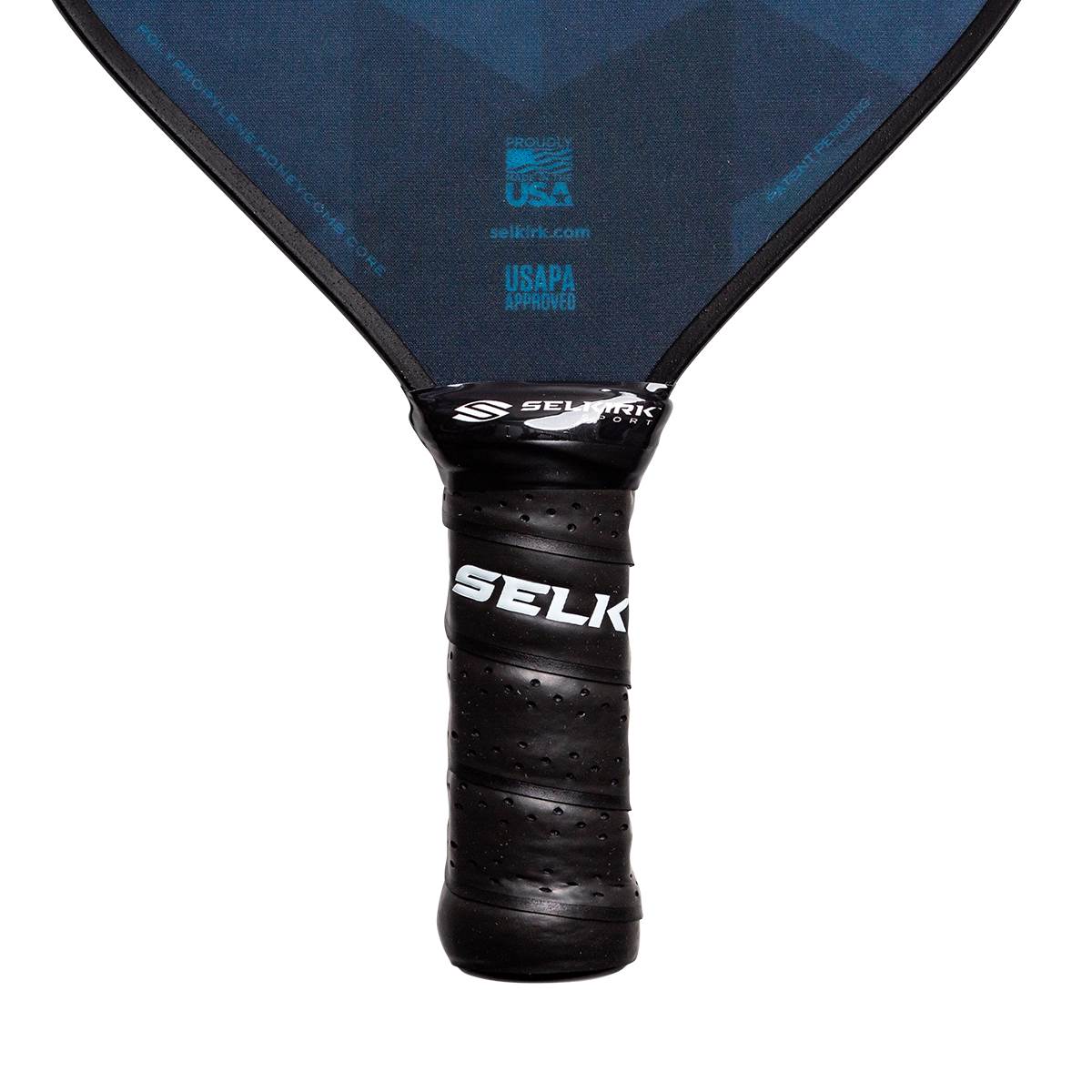 Close-up of a black pickleball paddle grip with SELK branding and textured surface.
