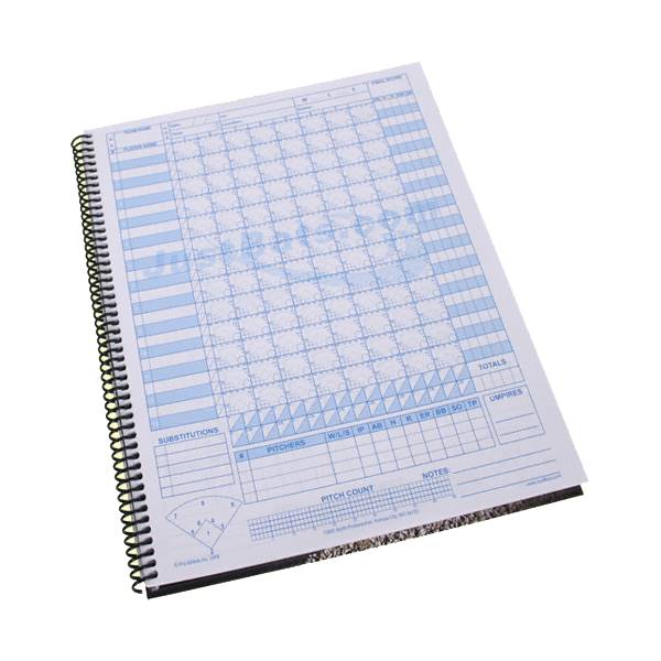 Top-down view of a white baseball scorebook with blue grid lines, pitch count section, and substitutions box.