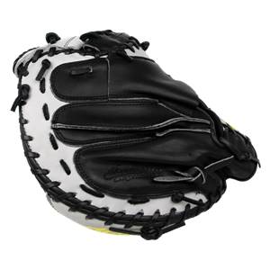 Front view of a black and white catchers mitt with white lacing and Akadema Precision Series text.