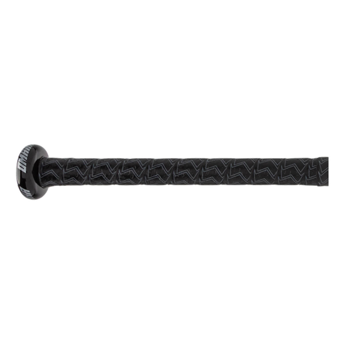 Side view of a black baseball bat with a textured grip and OMAHA text on the knob.