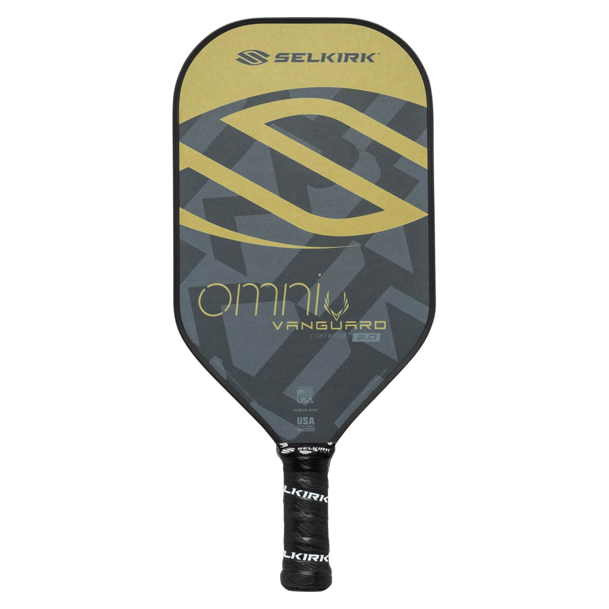 Front view of a black pickleball paddle with gold Selkirk logo, omni text, and black grip.